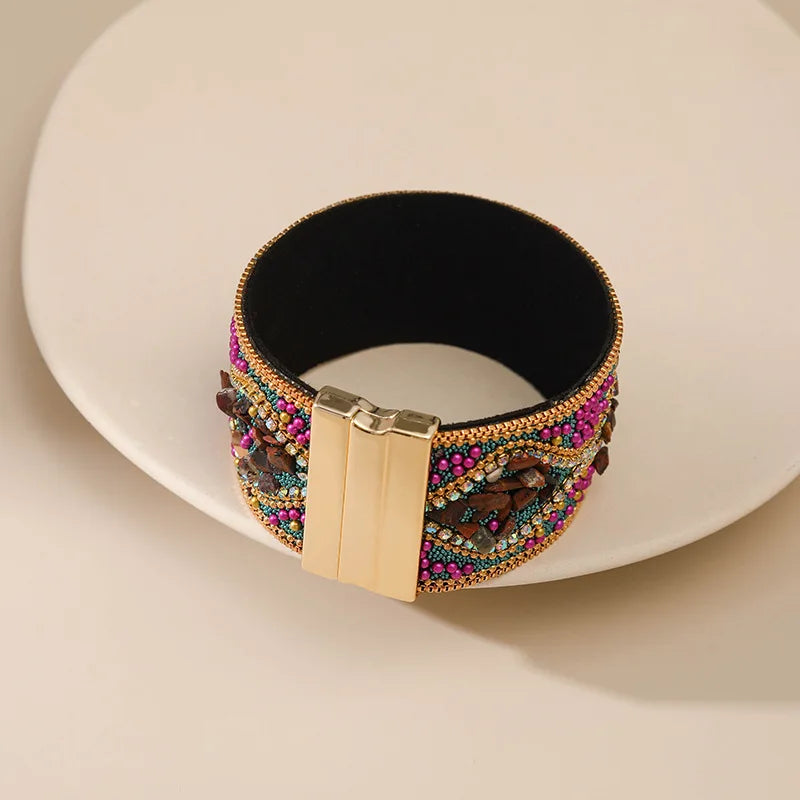 Handmade Indian Boho Bracelet – Rhinestone Cuff with Bohemian Charm