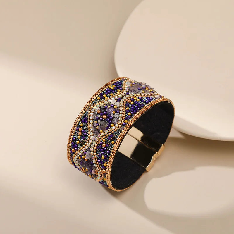 Handmade Indian Boho Bracelet – Rhinestone Cuff with Bohemian Charm