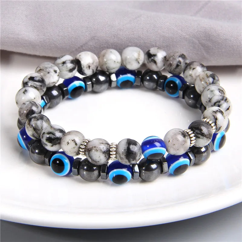 Handmade Evil Eye & Lava Stone Bracelet Set – Unisex Protection Jewelry