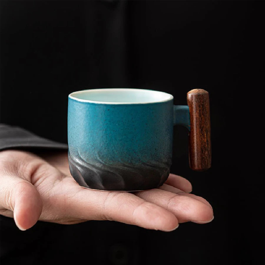 Handmade Vintage Coffee Cup with Wooden Handle