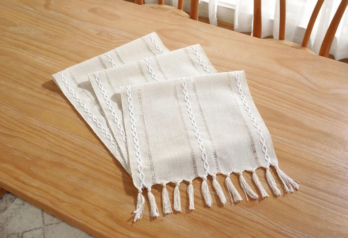 Off-White Boho Tassel Tablecloth – Handmade Cotton Linen for Dining or Coffee Tables