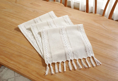 Off-White Boho Tassel Tablecloth – Handmade Cotton Linen for Dining or Coffee Tables