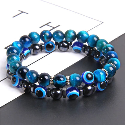 Handmade Evil Eye & Lava Stone Bracelet Set – Unisex Protection Jewelry