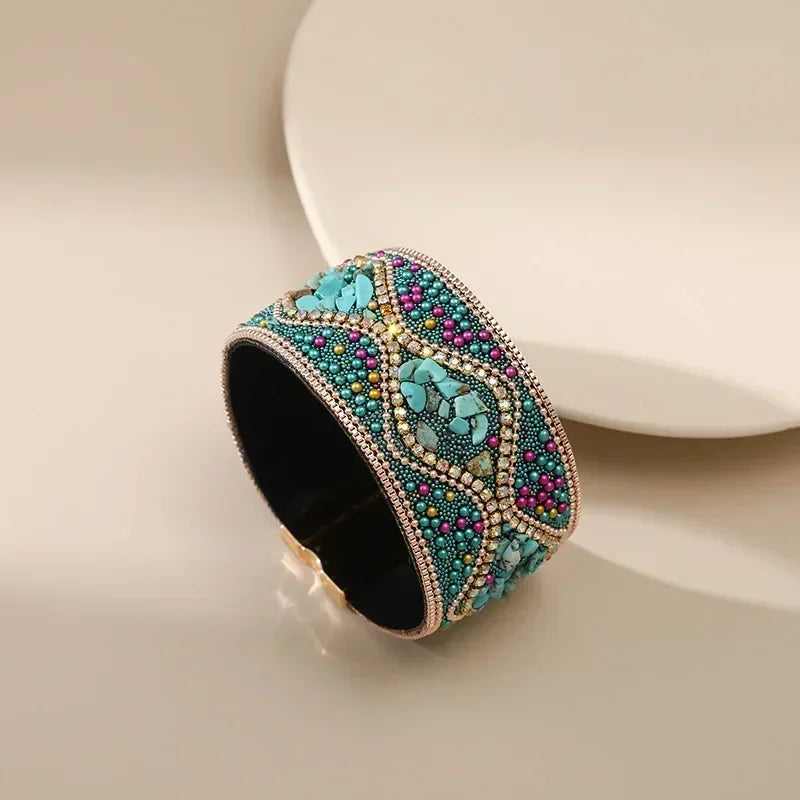 Handmade Indian Boho Bracelet – Rhinestone Cuff with Bohemian Charm