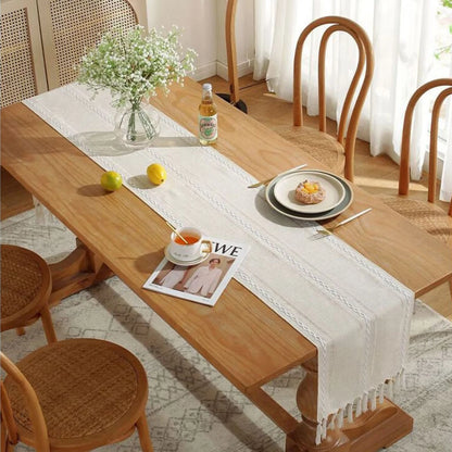 Off-White Boho Tassel Tablecloth – Handmade Cotton Linen for Dining or Coffee Tables