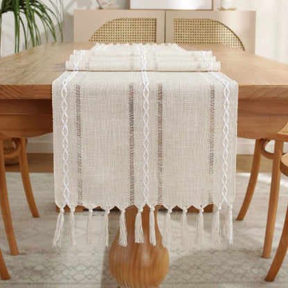 Off-White Boho Tassel Tablecloth – Handmade Cotton Linen for Dining or Coffee Tables