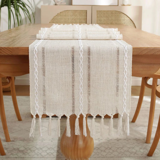 Off-White Boho Tassel Tablecloth – Handmade Cotton Linen for Dining or Coffee Tables