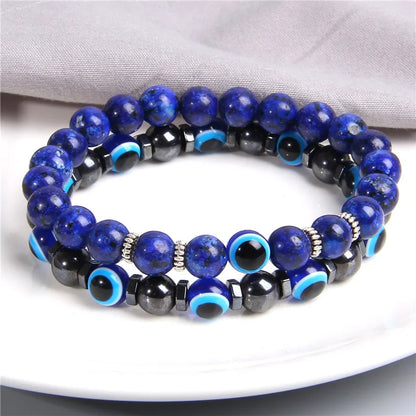 Handmade Evil Eye & Lava Stone Bracelet Set – Unisex Protection Jewelry