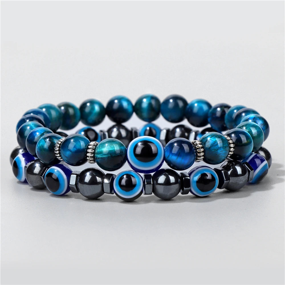 Handmade Evil Eye & Lava Stone Bracelet Set – Unisex Protection Jewelry