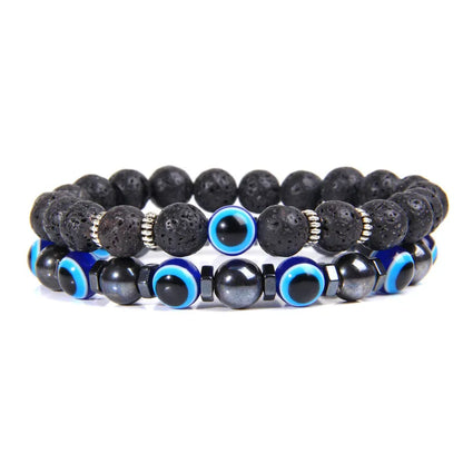 Handmade Evil Eye & Lava Stone Bracelet Set – Unisex Protection Jewelry