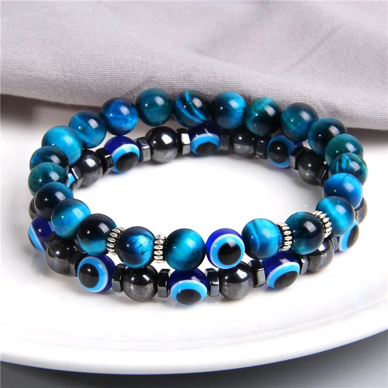 Handmade Evil Eye & Lava Stone Bracelet Set – Unisex Protection Jewelry
