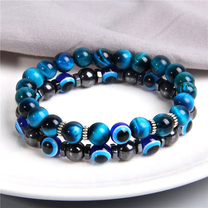 Handmade Evil Eye & Lava Stone Bracelet Set – Unisex Protection Jewelry