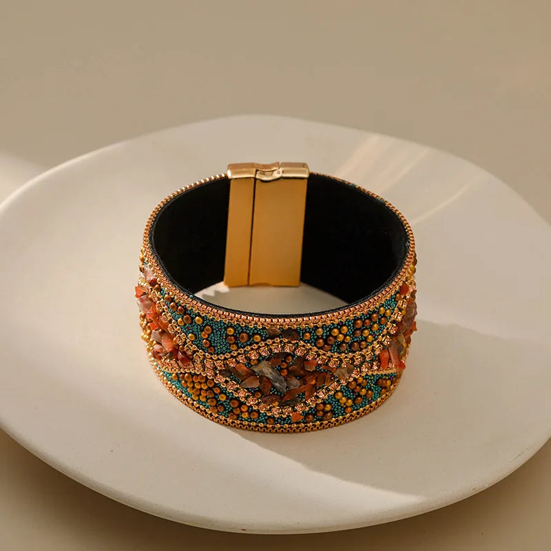 Handmade Indian Boho Bracelet – Rhinestone Cuff with Bohemian Charm