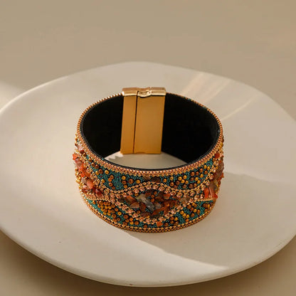 Handmade Indian Boho Bracelet – Rhinestone Cuff with Bohemian Charm