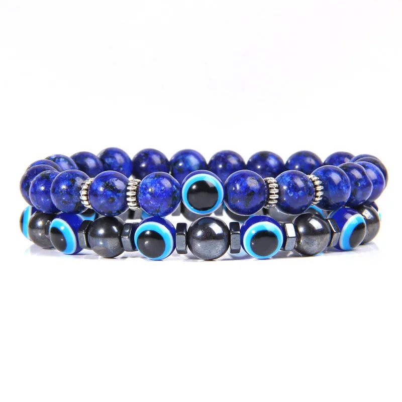 Handmade Evil Eye & Lava Stone Bracelet Set – Unisex Protection Jewelry