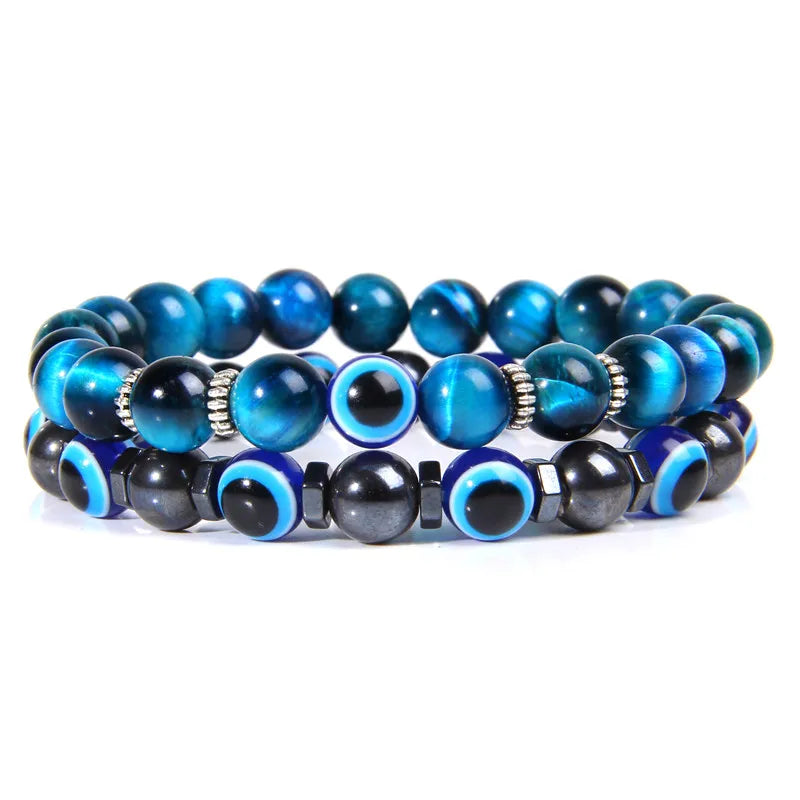 Handmade Evil Eye & Lava Stone Bracelet Set – Unisex Protection Jewelry