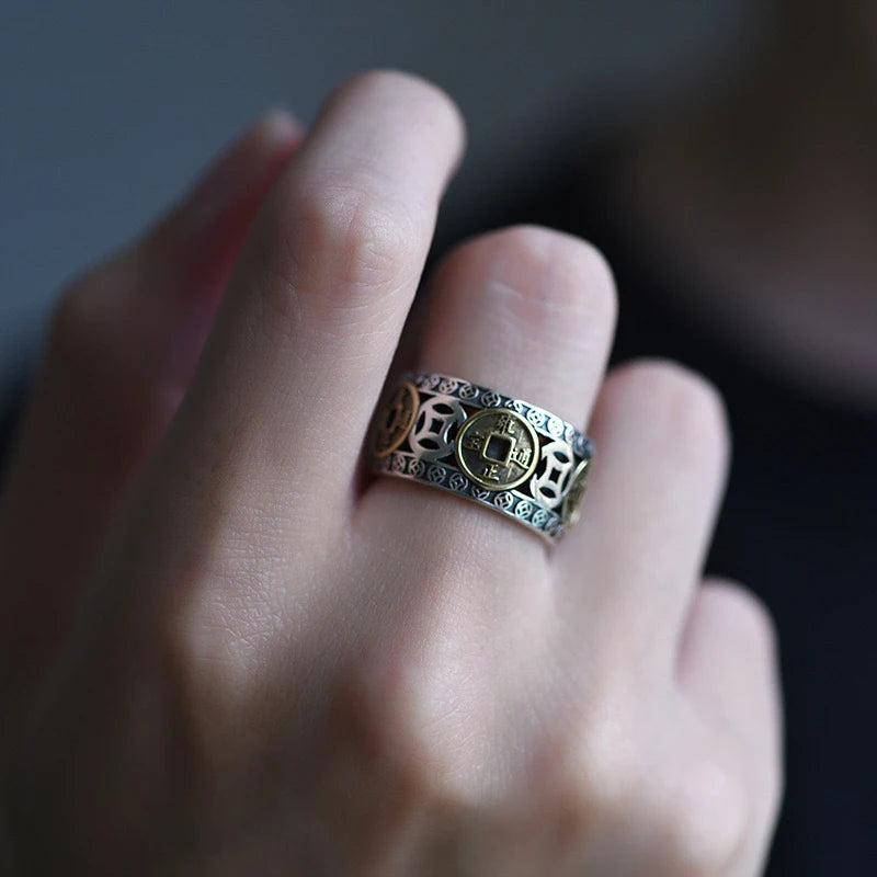 Vintage Thai Silver Ring – Handmade Five Emperors Coin Jewelry