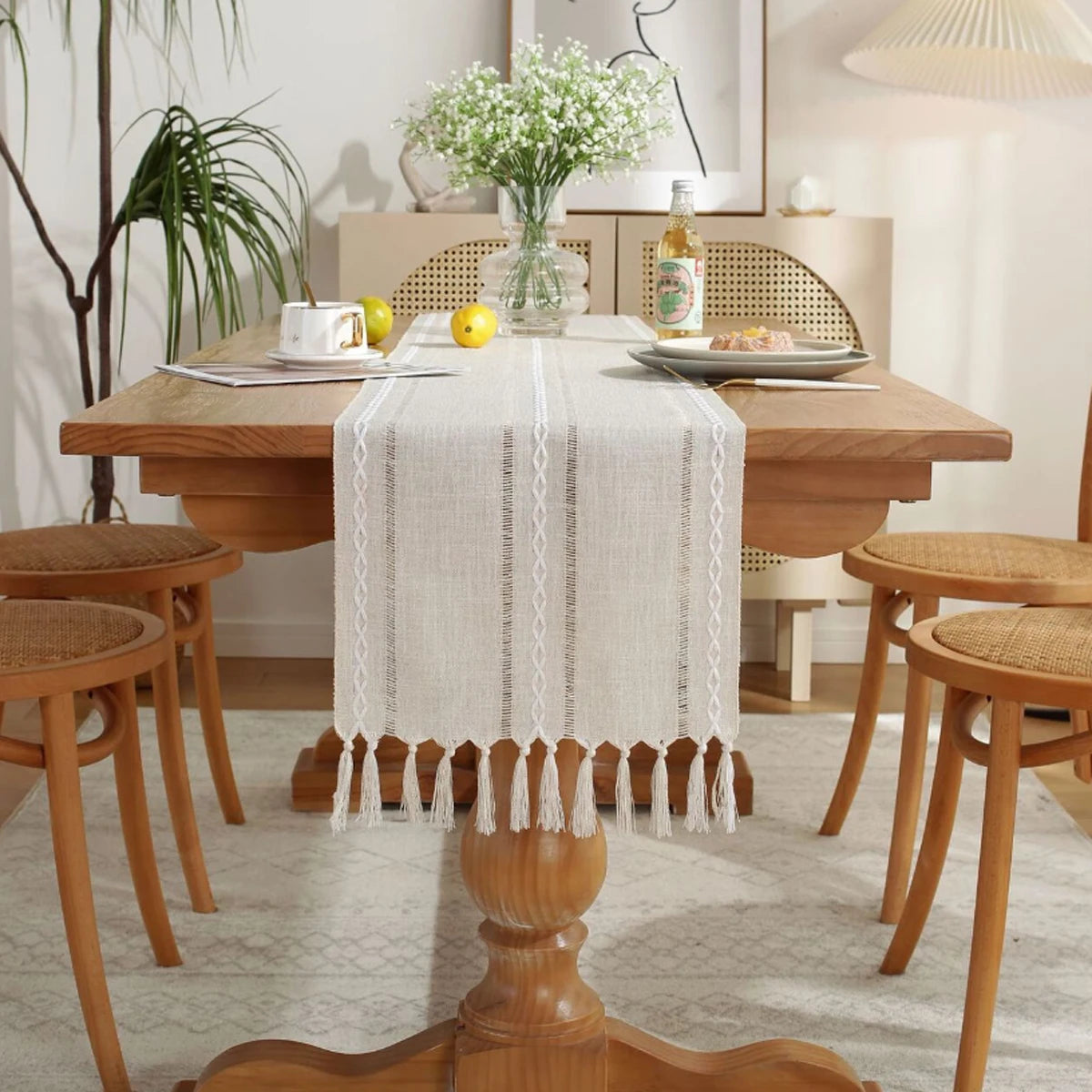 Off-White Boho Tassel Tablecloth – Handmade Cotton Linen for Dining or Coffee Tables