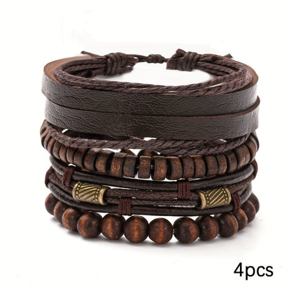Men’s Multi-Layer Leather & Wooden Bead Bracelet Set – 4-Piece Fashion Accessory
