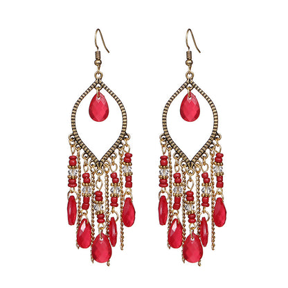 Handmade Boho Crystal Beaded Tassel Earrings – Long Teardrop Dangle Vintage Jewelry for Women