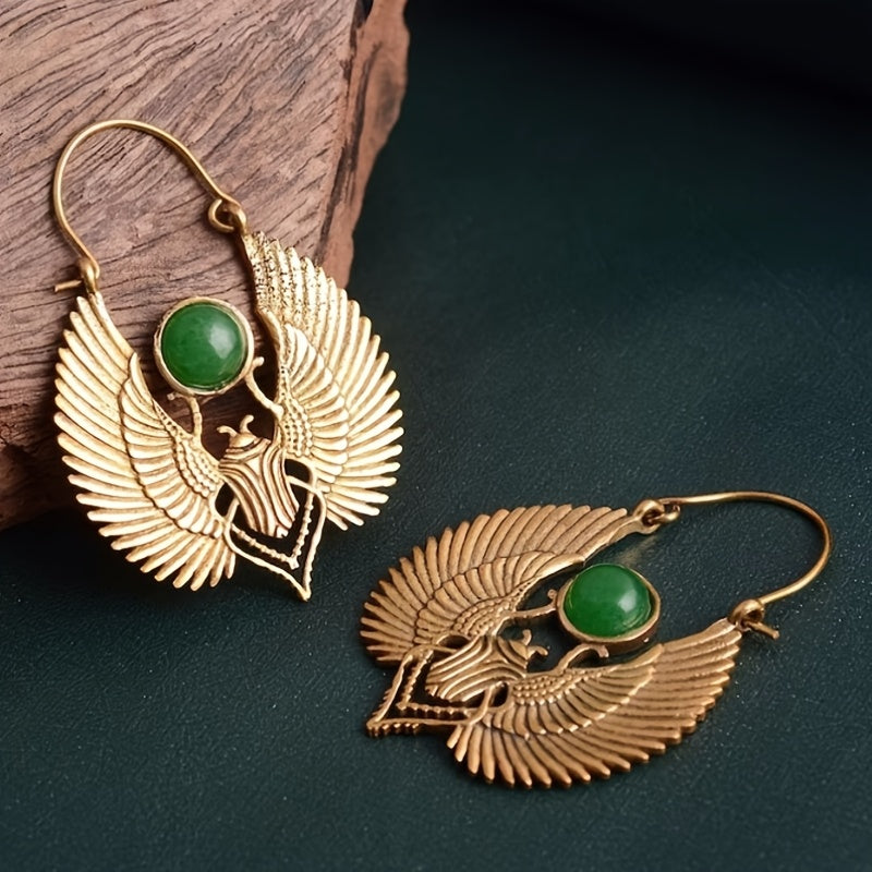 Vintage Egyptian Winged Scarab Hoop Earrings – Gold Tone with Green Gemstone Accent