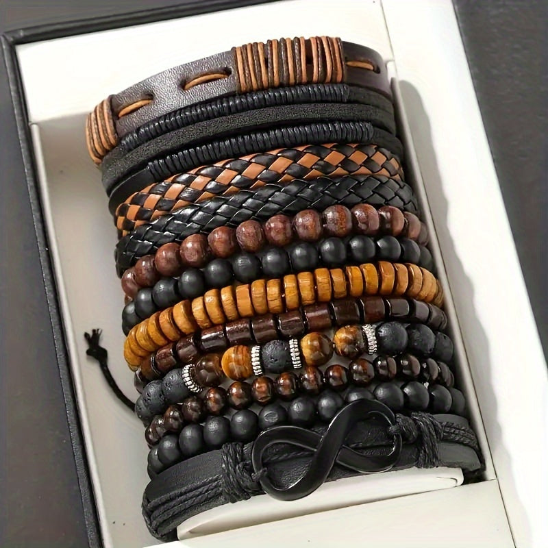 12-Piece Men’s Leather & Beaded Bracelet Set for Casual and Stylish Outfits