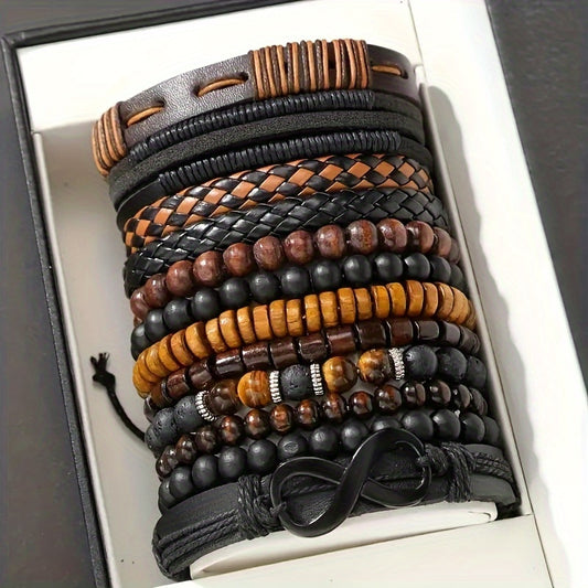 12-Piece Men’s Leather & Beaded Bracelet Set for Casual and Stylish Outfits