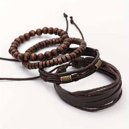 Men’s Multi-Layer Leather & Wooden Bead Bracelet Set – 4-Piece Fashion Accessory