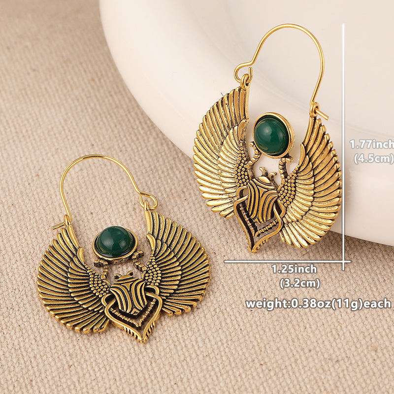 Vintage Egyptian Winged Scarab Hoop Earrings – Gold Tone with Green Gemstone Accent