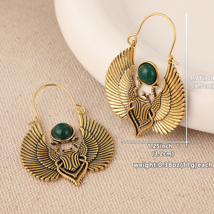 Vintage Egyptian Winged Scarab Hoop Earrings – Gold Tone with Green Gemstone Accent