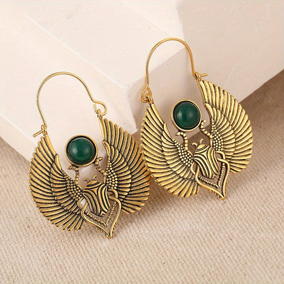 Vintage Egyptian Winged Scarab Hoop Earrings – Gold Tone with Green Gemstone Accent