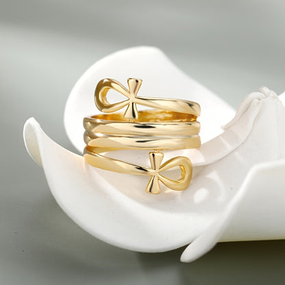 Egyptian Ankh Multi-Layer Ring – 18K Gold Plated Copper, Unisex Vintage Band