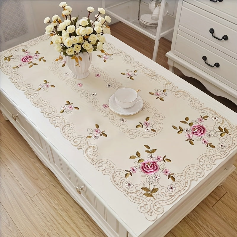 Handmade Floral Embroidered Tablecloth – Elegant White Cotton with Lace Trim