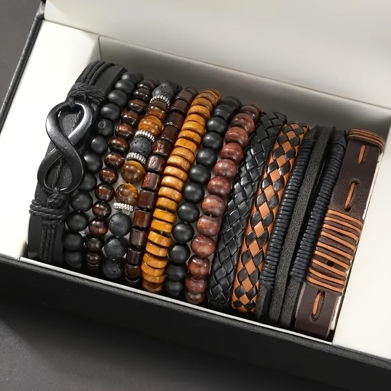 12-Piece Men’s Leather & Beaded Bracelet Set for Casual and Stylish Outfits