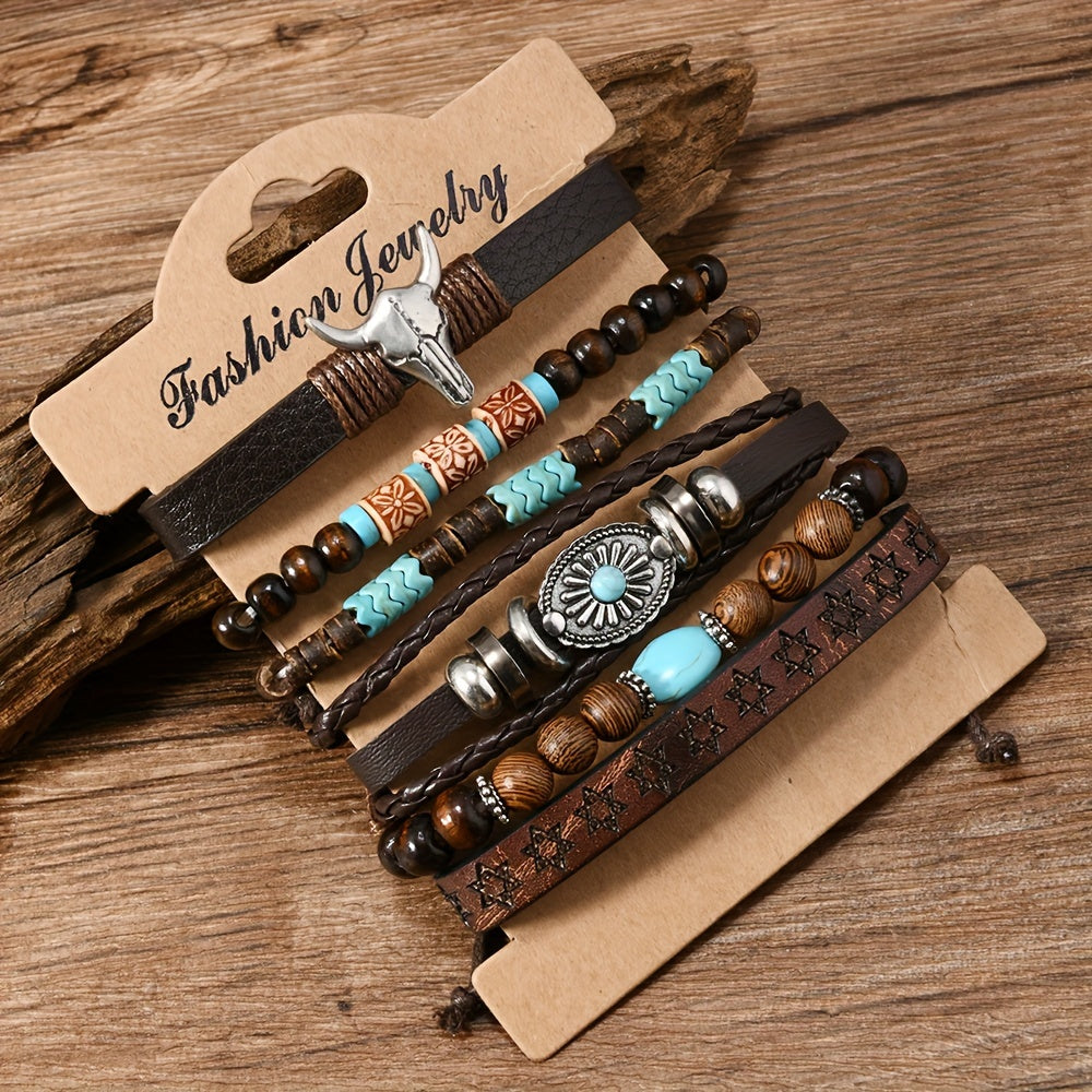 Men’s 6-Piece Stacked Bracelet Set – Leather, Wood Beads & Bull Head Charm, Vintage Western Style