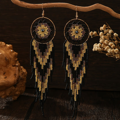 Handmade Gothic Bohemian Beaded Earrings – Black Circle Dangle with Wide Fringe, Elegant Drop Earrings for Women, Vintage Boho Jewelry for Everyday &amp; Special Occasions