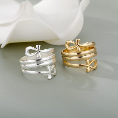 Egyptian Ankh Multi-Layer Ring – 18K Gold Plated Copper, Unisex Vintage Band