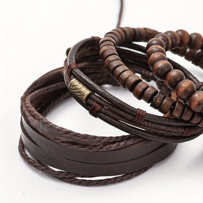 Men’s Multi-Layer Leather & Wooden Bead Bracelet Set – 4-Piece Fashion Accessory