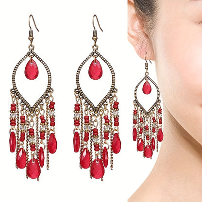 Handmade Boho Crystal Beaded Tassel Earrings – Long Teardrop Dangle Vintage Jewelry for Women