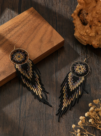 Handmade Gothic Bohemian Beaded Earrings – Black Circle Dangle with Wide Fringe, Elegant Drop Earrings for Women, Vintage Boho Jewelry for Everyday &amp; Special Occasions