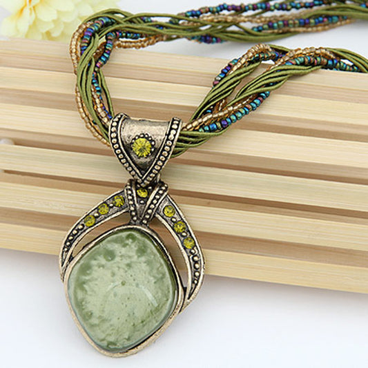 Bohemian Colorful Necklace with Braided Cord & Gold Frame – Perfect for Layering or as a Gift