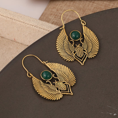 Vintage Egyptian Winged Scarab Hoop Earrings – Gold Tone with Green Gemstone Accent