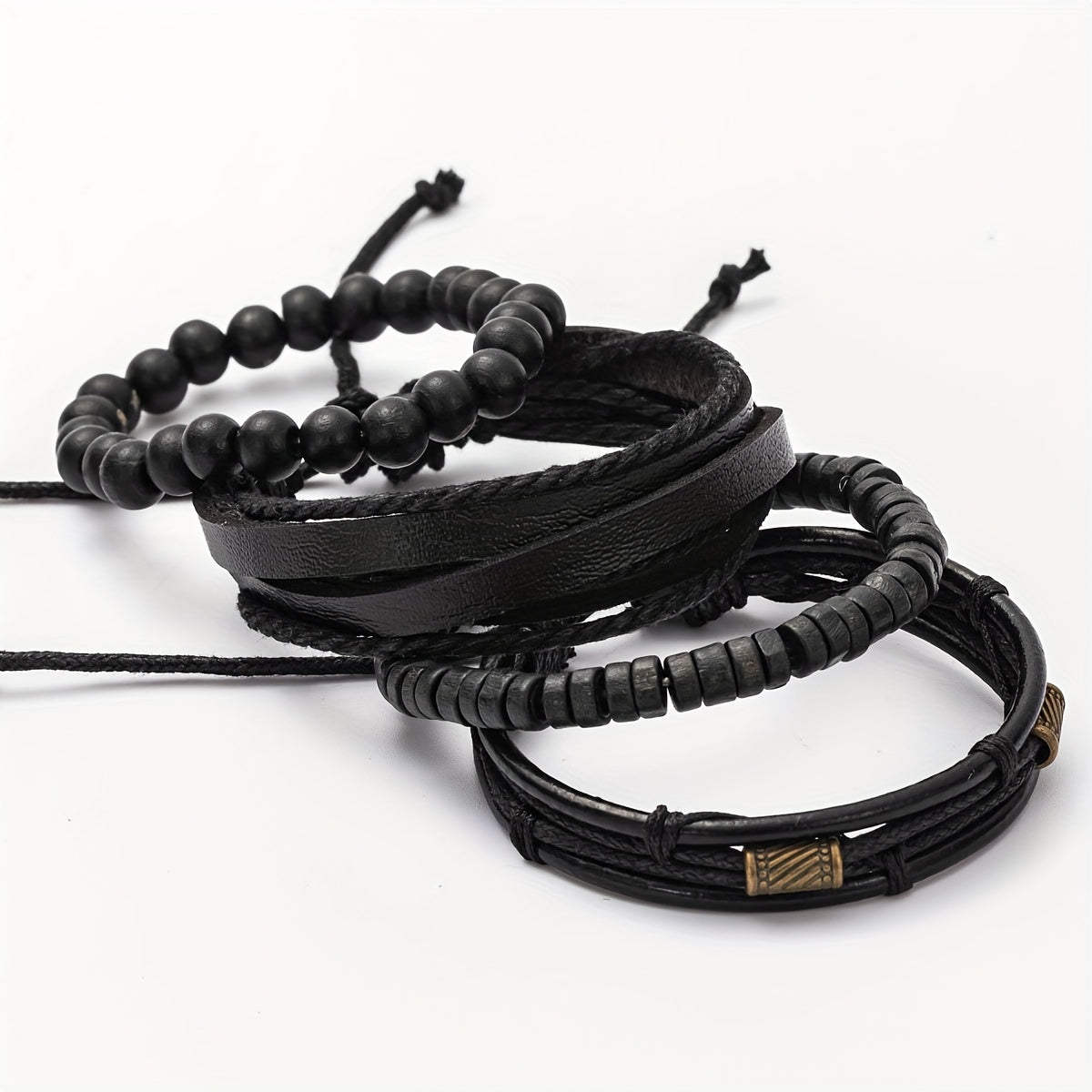 Men’s Multi-Layer Leather & Wooden Bead Bracelet Set – 4-Piece Fashion Accessory