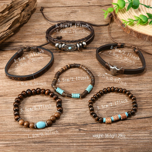 Men’s 6-Piece Stacked Bracelet Set – Leather, Wood Beads & Bull Head Charm, Vintage Western Style