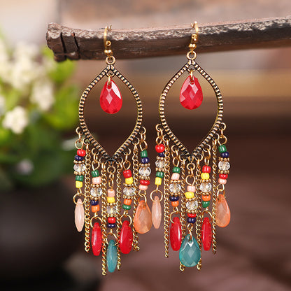 Handmade Boho Crystal Beaded Tassel Earrings – Long Teardrop Dangle Vintage Jewelry for Women