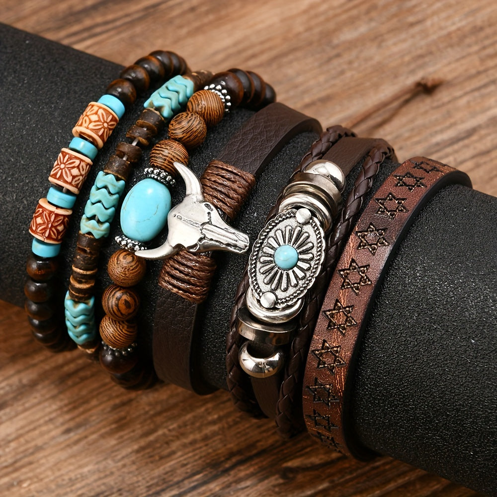 Men’s 6-Piece Stacked Bracelet Set – Leather, Wood Beads & Bull Head Charm, Vintage Western Style