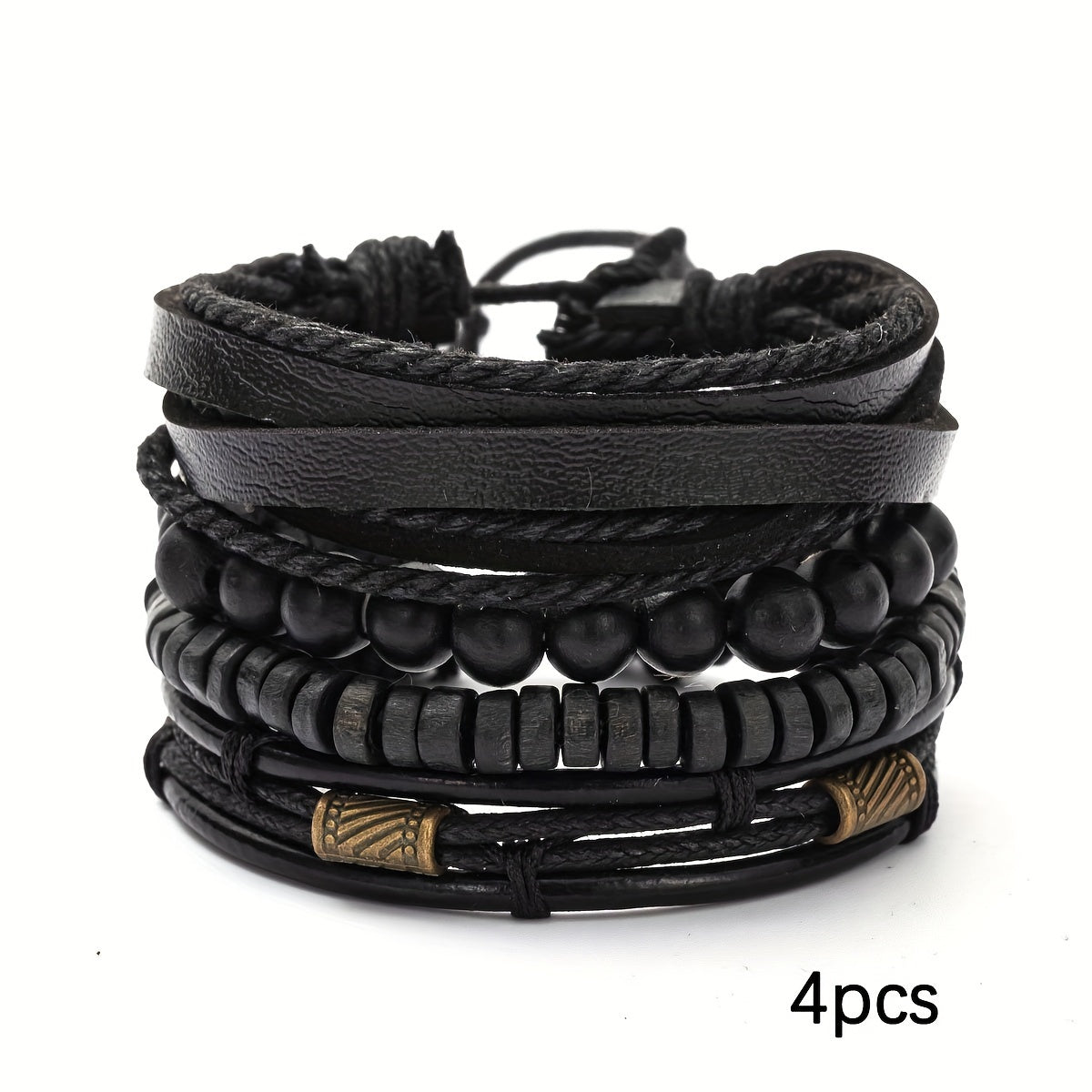 Men’s Multi-Layer Leather & Wooden Bead Bracelet Set – 4-Piece Fashion Accessory