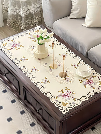 Handmade Floral Embroidered Tablecloth – Elegant White Cotton with Lace Trim