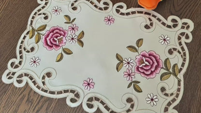 Handmade Floral Embroidered Tablecloth – Elegant White Cotton with Lace Trim